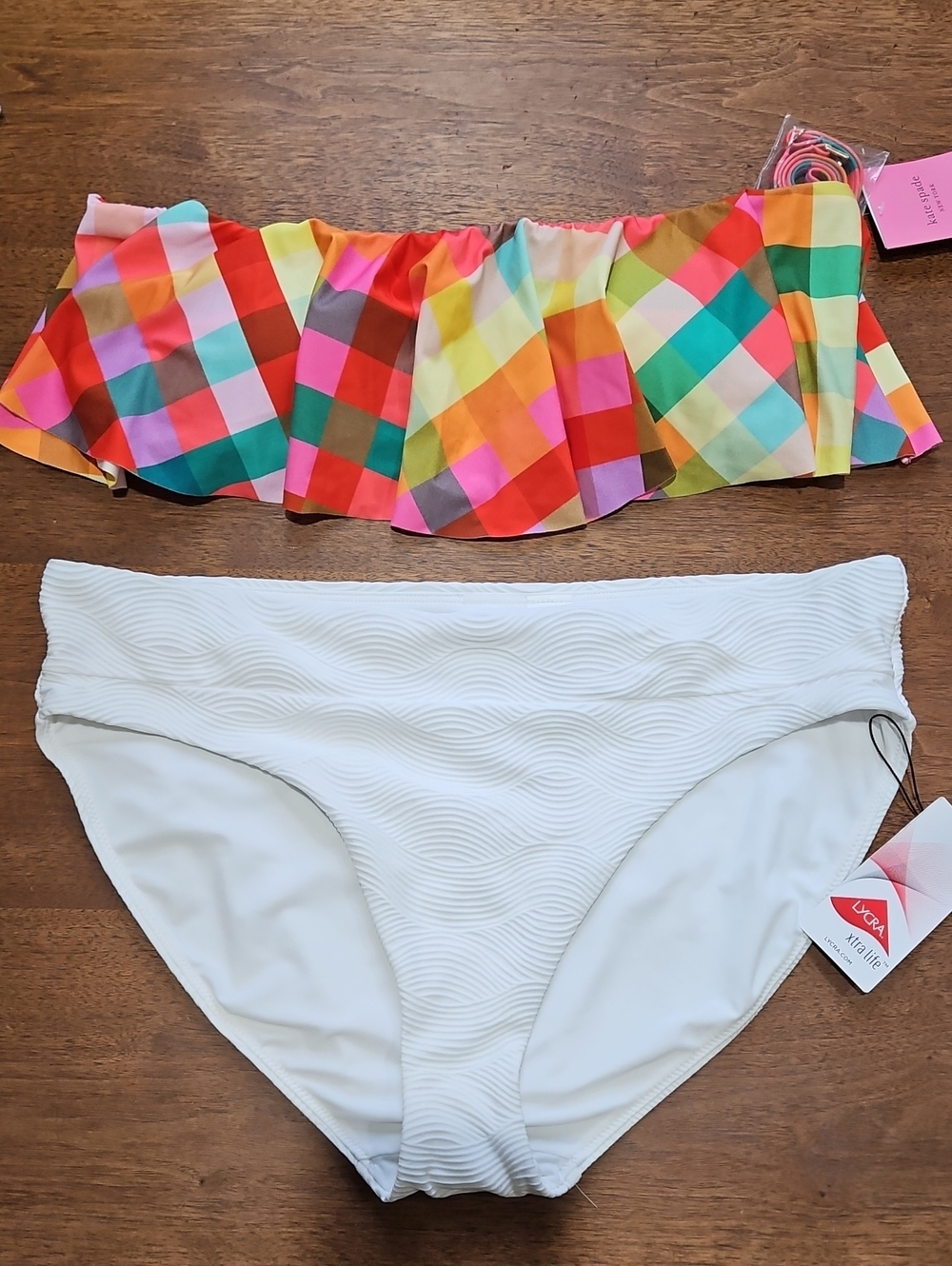 Kate Spade Multicolor Ruffle Bandeau Top with CALIA White Texture Bikini Bottoms